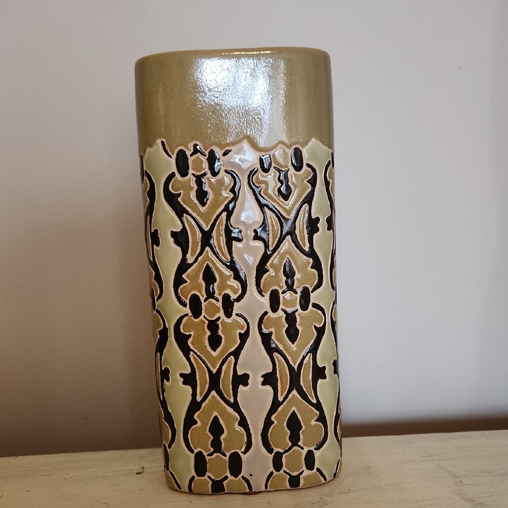 MCM Vase Pottery Studio Art Vietman Avacado Green Geometric Ceramic